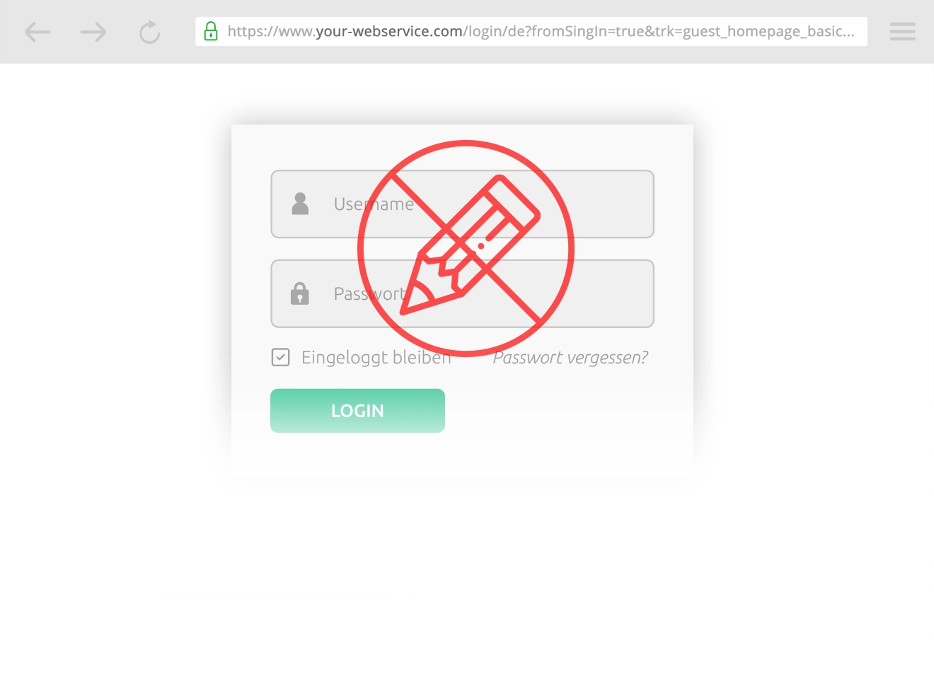 Slider Browseransicht einer Login-Maske und einer Warnung: Nicht einloggen
