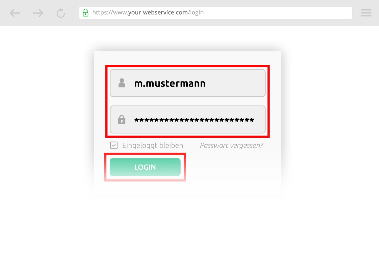 Slider Browseransicht einer verifizierten Login-Maske und einer Eingabe der Zugangsdaten