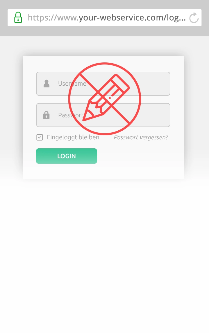 Slider mobile Browseransicht einer Login-Maske und einer Warnung: Nicht einloggen