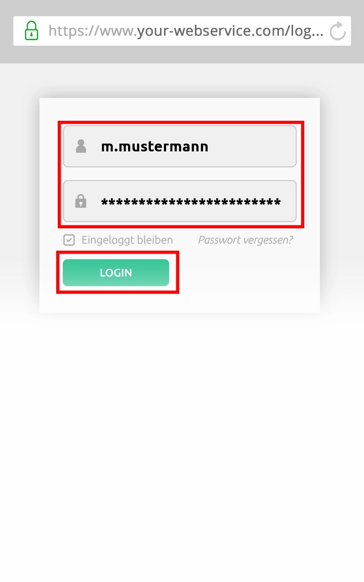 Slider mobile Browseransicht einer verifizierten Login-Maske und einer Eingabe der Zugangsdaten